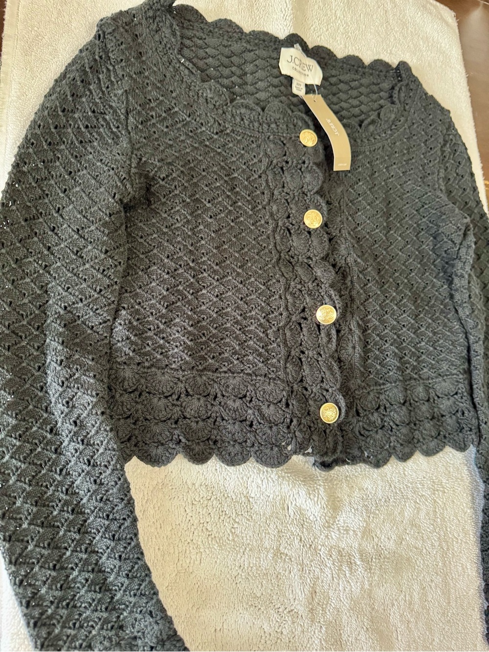 J. Crew Black Scallop-Edge Cropped Cable Cardigan with Gold Buttons - Picture 3 of 5
